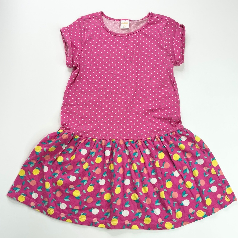 Gymboree Pink Polka Dot Lemon Print Dress Kids Size S 5-6 Short Sleeve Cotton